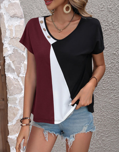 Load image into Gallery viewer, Ivy Lane Color Block Decorative Button V-Neck Tee
