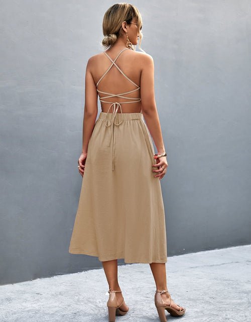 Load image into Gallery viewer, Buttoned Halter Neck Frill Trim Midi Dress

