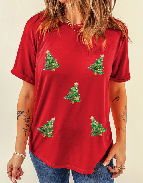 Load image into Gallery viewer, Sequin Christmas Tree Round Neck Short Sleeve T-Shirt
