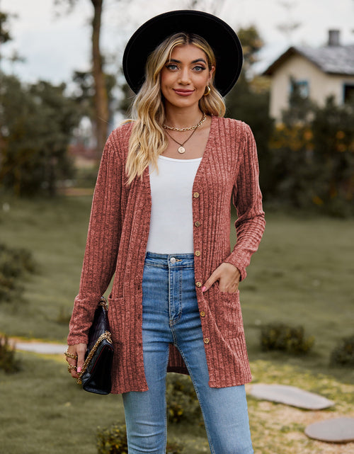 Load image into Gallery viewer, Ribbed Button-Up Cardigan with Pockets
