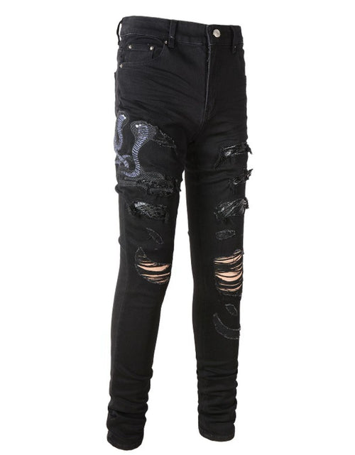 Load image into Gallery viewer, Men's Washed Snake Embroidered Slim Jeans
