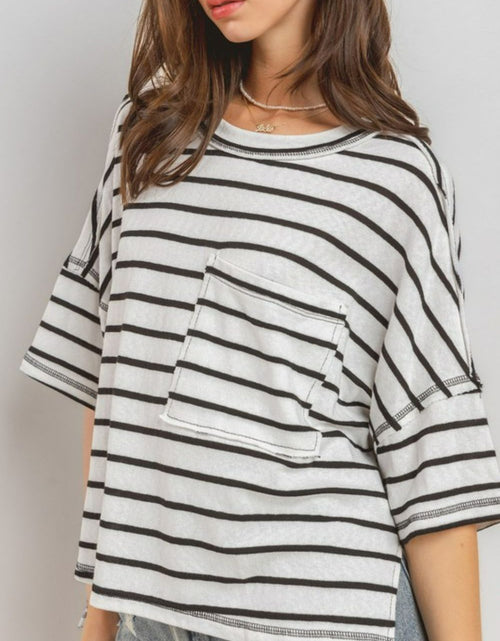 Load image into Gallery viewer, Ces Femme Side Slit Striped Round Neck Half Sleeve T-Shirt
