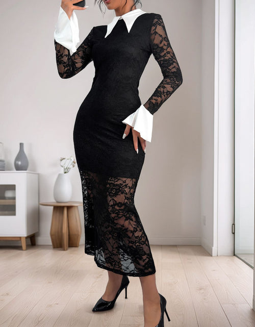 Load image into Gallery viewer, Perfee Lace Contrast Collared Neck Long Sleeve Midi Dress
