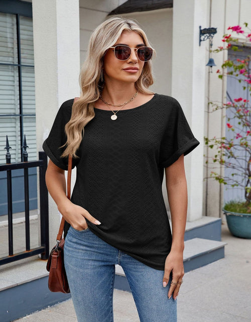 Load image into Gallery viewer, Eyelet Round Neck Short Sleeve Top
