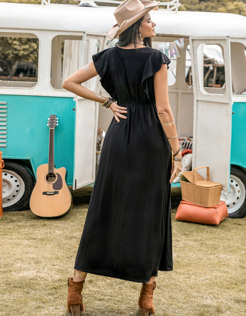 Load image into Gallery viewer, Lace Detail Plunge Cap Sleeve Midi Dress
