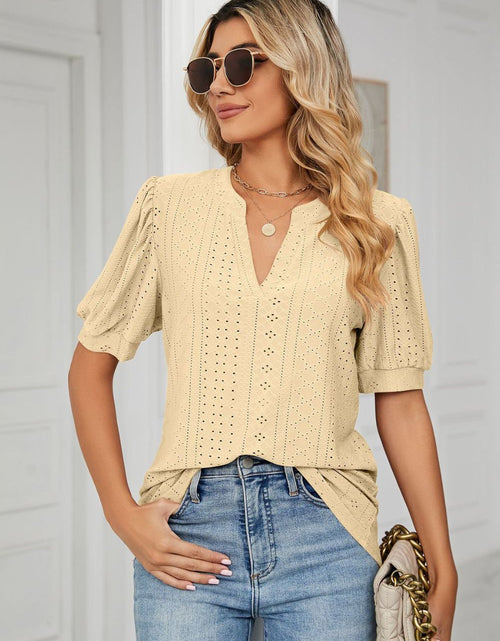 Load image into Gallery viewer, Eyelet Short Puff Sleeve Notched Neck Top
