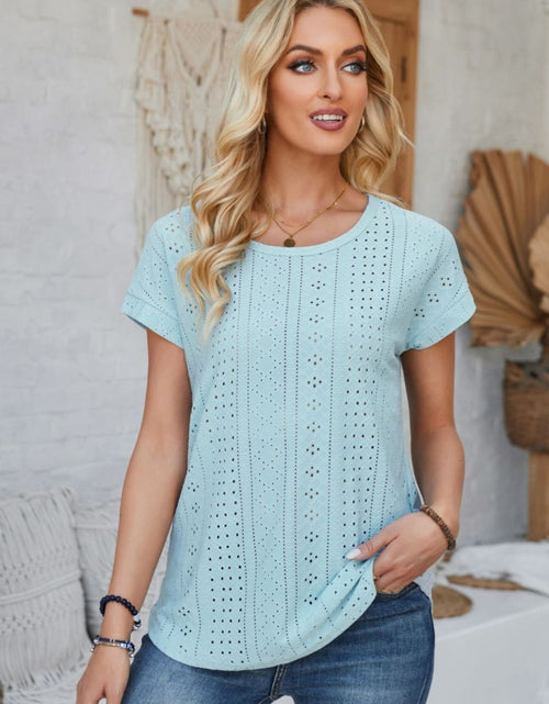 Load image into Gallery viewer, Eyelet Round Neck Rolled Short Sleeve T-Shirt
