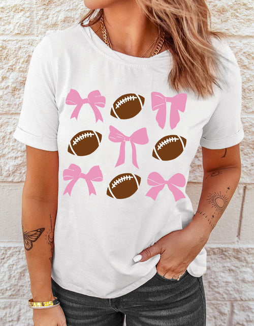 Load image into Gallery viewer, Football &amp; Bow Round Neck Short Sleeve T-Shirt
