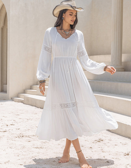 Load image into Gallery viewer, Tie Neck Balloon Sleeve Midi Dress
