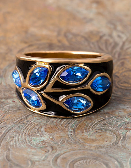 Load image into Gallery viewer, Vintage 1980's Black Enamel Ring with Clear Austrian Crystals Leaf Motif 18k Gold Plated by PVD Vintage Jewelry
