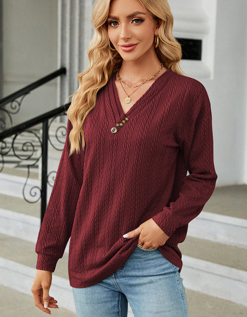 Load image into Gallery viewer, Decorative Button V-Neck Long Sleeve T-Shirt
