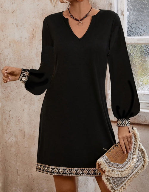 Load image into Gallery viewer, Embroidered Notched Long Sleeve Mini Dress
