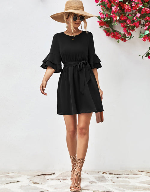 Load image into Gallery viewer, Round Neck Tie Belt Flounce Sleeve Dress
