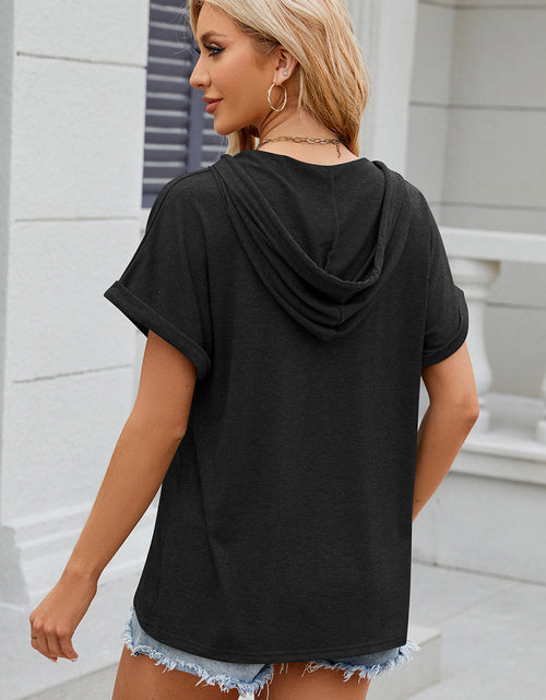 Load image into Gallery viewer, Half Button Drawstring Short Sleeve Hooded T-Shirt
