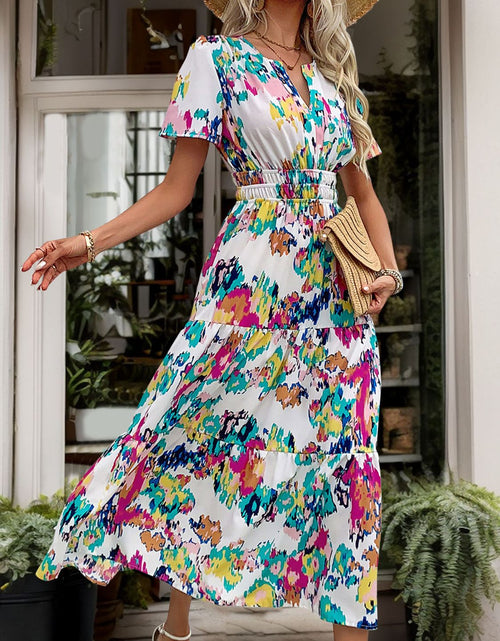 Load image into Gallery viewer, Perfee Printed Notched Short Sleeve Midi Dress
