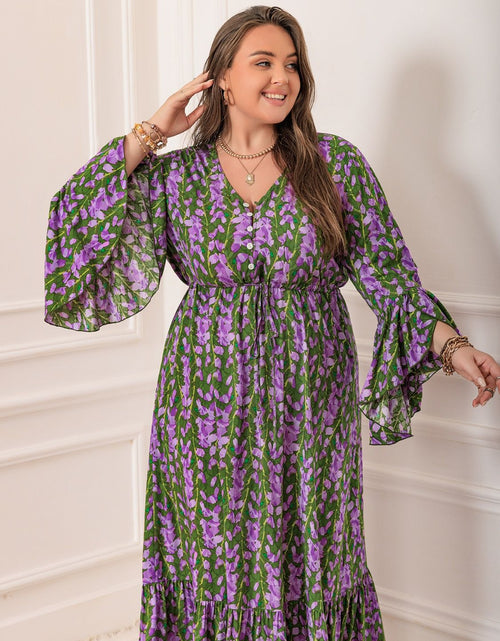Load image into Gallery viewer, Plus Size Printed V-Neck Long Sleeve Maxi Dress
