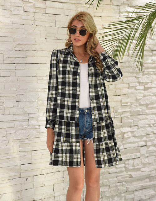 Load image into Gallery viewer, Ruffle Hem Plaid Button Down Long Sleeve Dress

