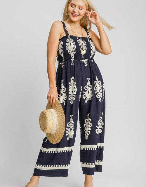 Load image into Gallery viewer, Umgee Full Size Smocked Printed Wide Leg Jumpsuit Plus Size
