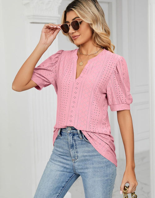 Load image into Gallery viewer, Eyelet Short Puff Sleeve Notched Neck Top
