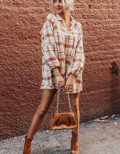 Load image into Gallery viewer, Plaid Collared Neck Long Sleeve Mini Shirt Dress

