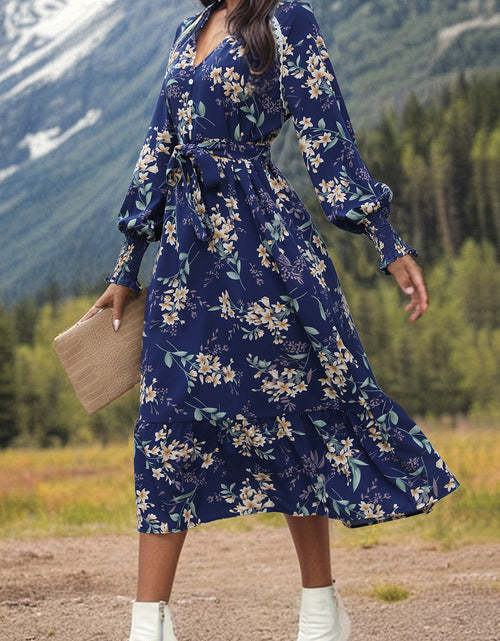 Load image into Gallery viewer, Perfee Printed Notched Lantern Sleeve Midi Dress

