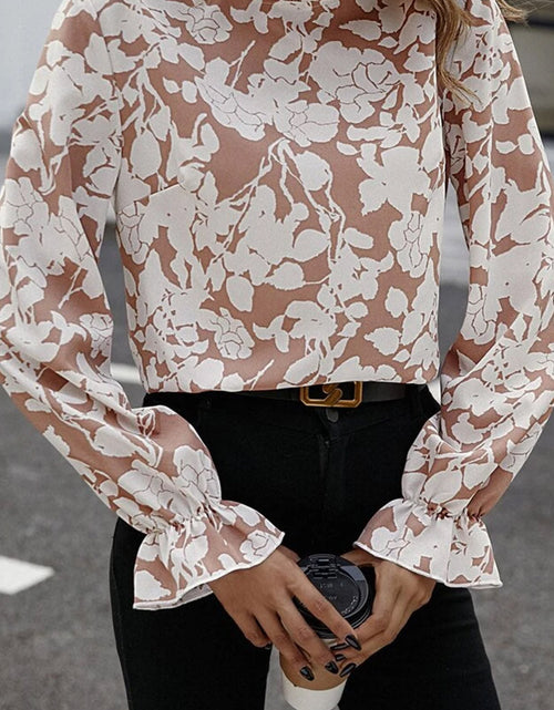 Load image into Gallery viewer, Floral Print Mock Neck Flounce Sleeve Blouse
