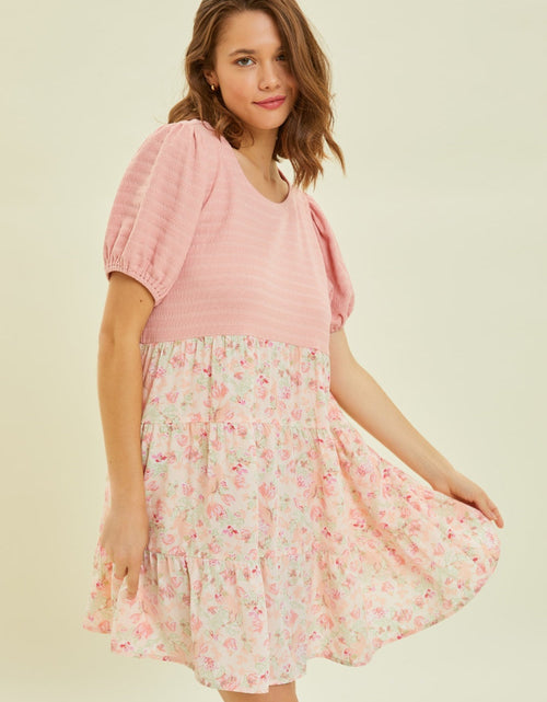 Load image into Gallery viewer, HEYSON Full Size Round Neck Floral Ruffle Hem Mini Dress
