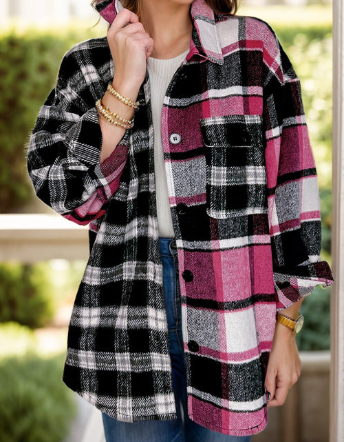 Load image into Gallery viewer, Pocketed Plaid Collared Neck Long Sleeve Shacket
