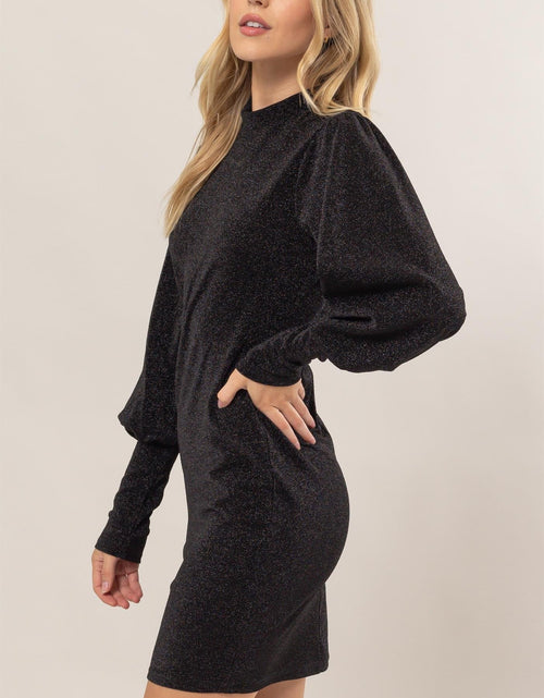Load image into Gallery viewer, HYFVE Glitter Mock Neck Long Sleeve Mini Dress
