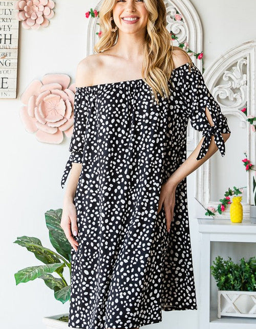 Load image into Gallery viewer, Heimish Full Size Short Sleeve Off Shoulder Animal Mini Dress Plus Size
