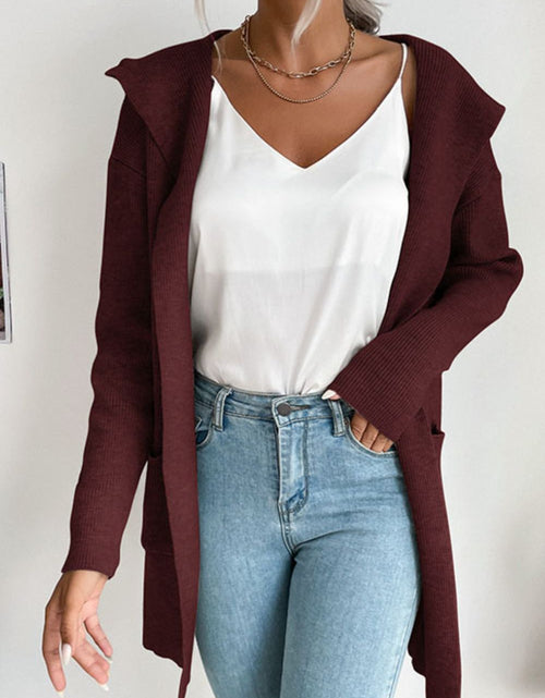 Load image into Gallery viewer, Perfee Ribbed Open Front Hooded Cardigan with Pockets
