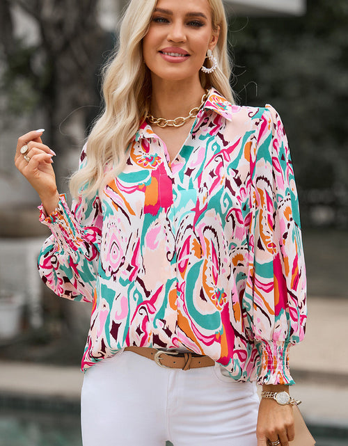Load image into Gallery viewer, Printed Puff Sleeve Collared Blouse
