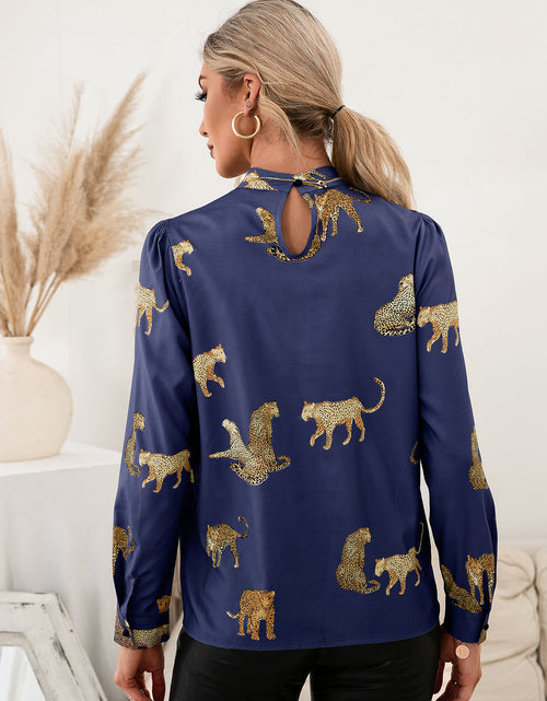 Load image into Gallery viewer, Ivy Lane Leopard Graphic Mock Neck Puff Sleeve Blouse
