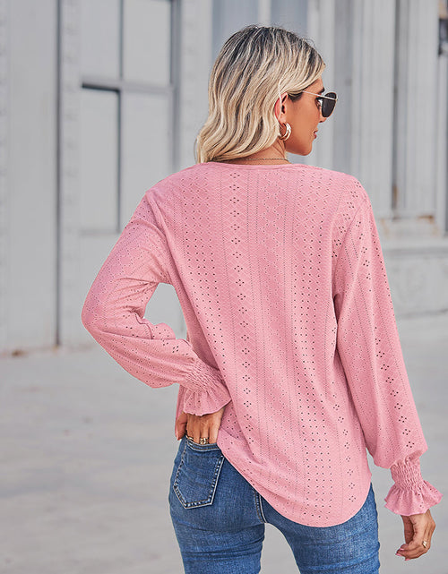 Load image into Gallery viewer, V-Neck Eyelet Flounce Sleeve Blouse
