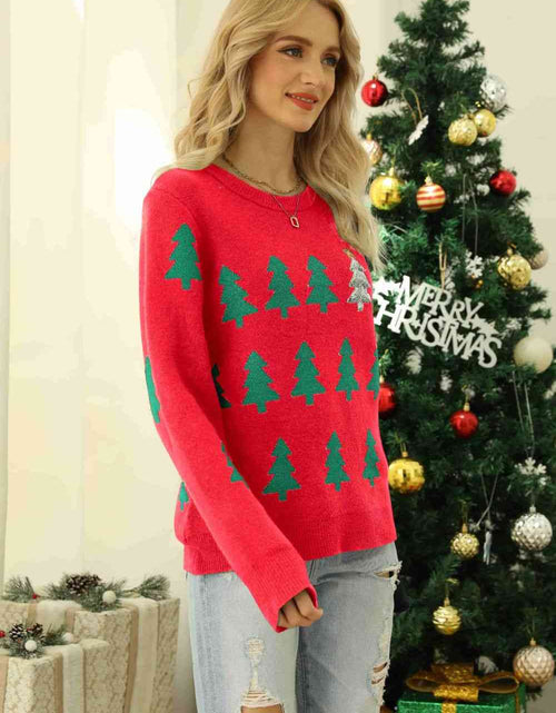 Load image into Gallery viewer, Christmas Tree Round Neck Ribbed Trim Sweater
