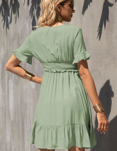 Load image into Gallery viewer, Shiny Smocked Waist Flounce Sleeve Ruffle Hem Dress
