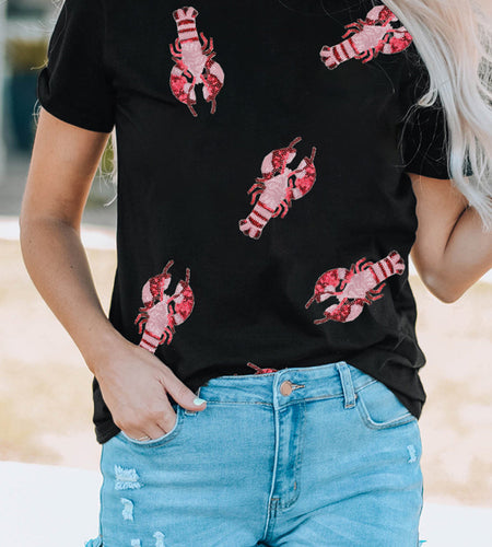 Lobster Print Round Neck Short Sleeve T-Shirt