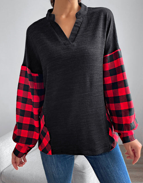 Load image into Gallery viewer, Buffalo Plaid Color Block Balloon Sleeve Top
