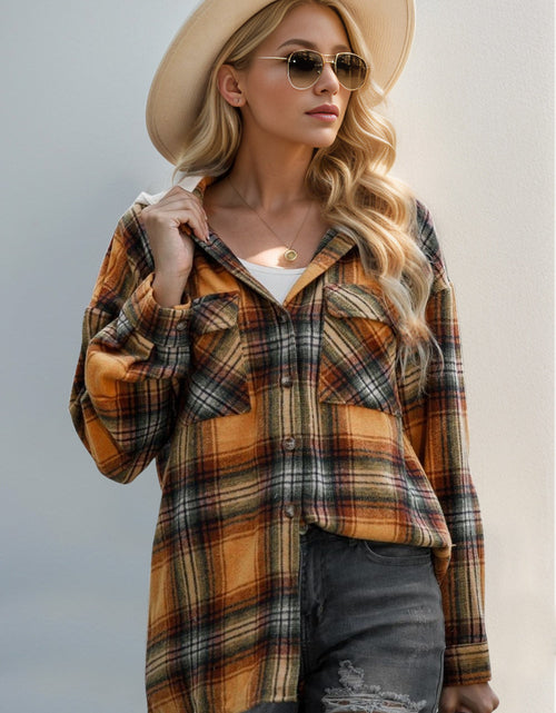Load image into Gallery viewer, Double Take Drawstring Plaid Long Sleeve Hooded Shacket
