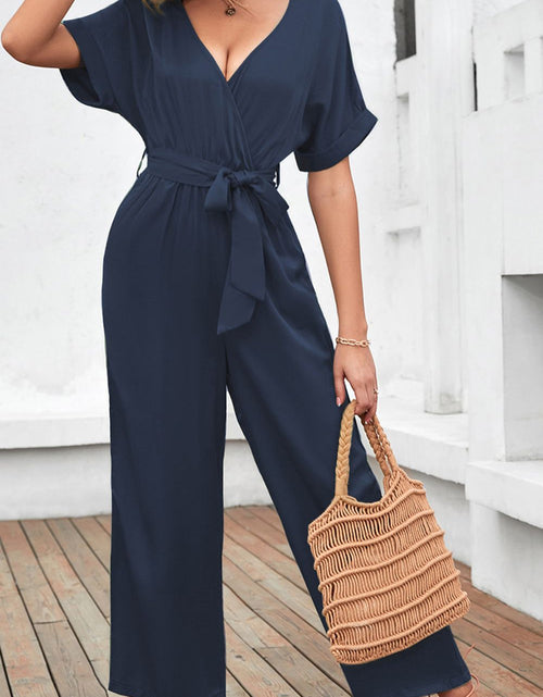 Load image into Gallery viewer, Tie Waist Surplice Wide Leg Jumpsuit
