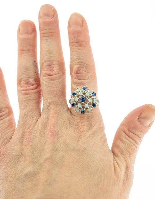 Load image into Gallery viewer, Vintage Ring Ruby Austrian Crystals and Pinfire Opals 18k White Gold Electroplate Made in the USA by PVD Vintage Jewelry
