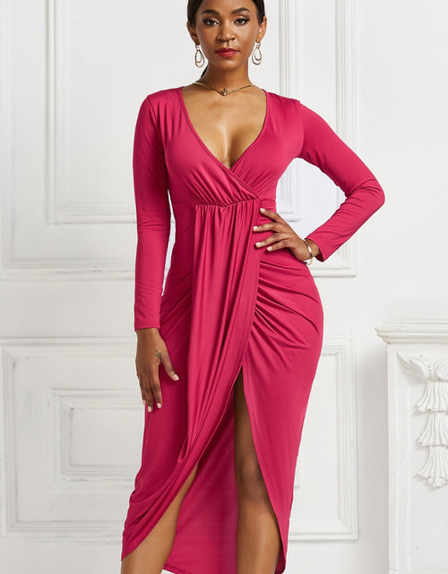 Load image into Gallery viewer, High-low Ruched Surplice Long Sleeve Dress

