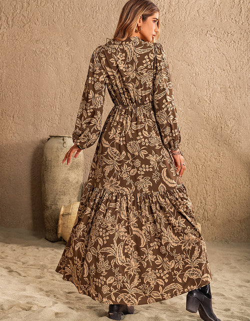 Load image into Gallery viewer, Ruched Printed Notched Long Sleeve Maxi Dress
