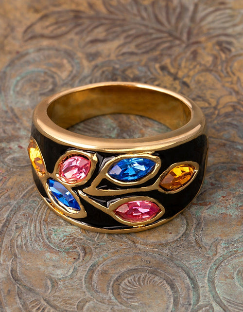 Load image into Gallery viewer, Vintage 1980's Black Enamel Ring with Clear Austrian Crystals Leaf Motif 18k Gold Plated by PVD Vintage Jewelry
