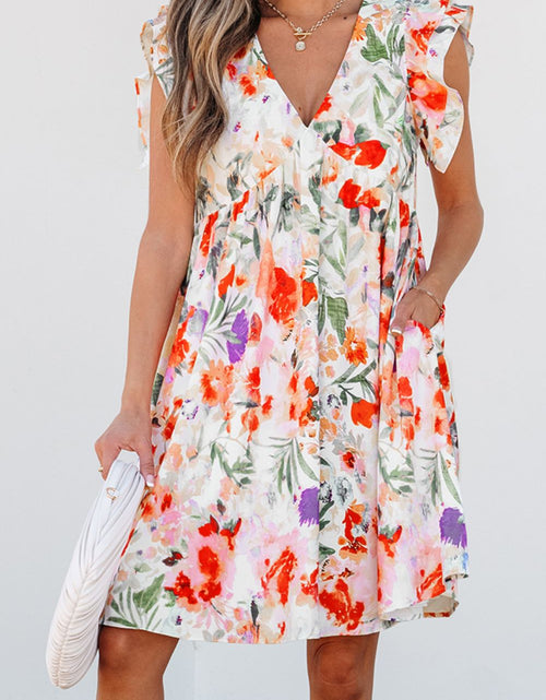 Load image into Gallery viewer, Floral Double Ruffle Sleeve V Neck Mini Dress
