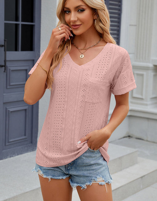 Load image into Gallery viewer, Eyelet V-Neck Short Sleeve T-Shirt
