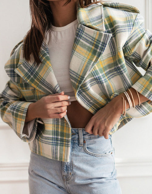 Load image into Gallery viewer, Lapel Collar Plaid Cropped Jacket
