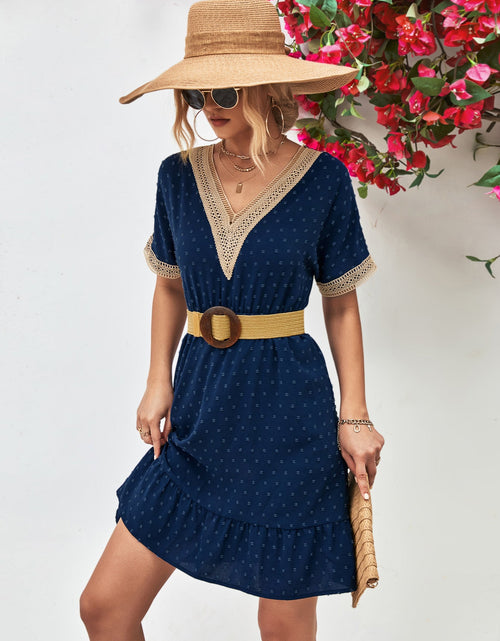Load image into Gallery viewer, Contrast V-Neck Short Sleeve Mini Dress
