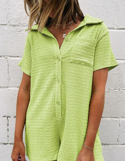 Load image into Gallery viewer, Textured Short Sleeve Patched Pocket Buttoned Romper
