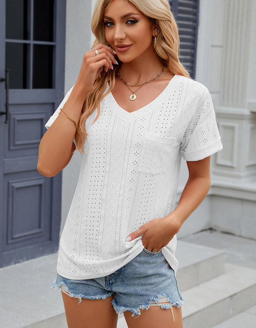 Load image into Gallery viewer, Eyelet V-Neck Short Sleeve T-Shirt
